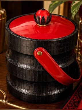 Vintage Gott Crocodile Embossed Ice Bucket Red Patent Leather Atomic MCM Barware